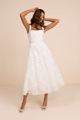 Loira White Burnout Jacquard Lace-Up Midi Dress