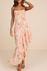 Mava Light Peach Multi Floral Asymmetrical Maxi Dress