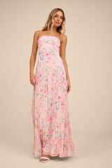 Celebratory Aesthetic Pink Floral Pleated Strapless Maxi Dress