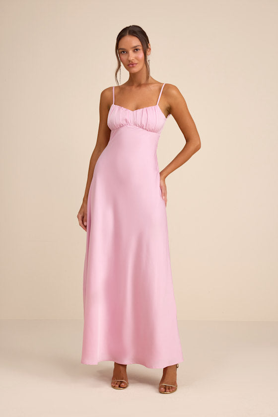 Irena Light Pink Satin Backless Maxi Dress