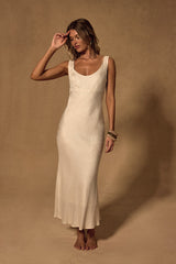 Catia Light Beige Linen Scoop Neck Midi Dress