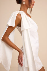 Jayda White Satin Jacquard One-Shoulder Sash Mini Dress