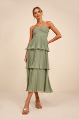 Seriously Sensational Sage Strapless Tiered Midi Dress
