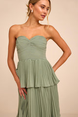 Seriously Sensational Sage Strapless Tiered Midi Dress
