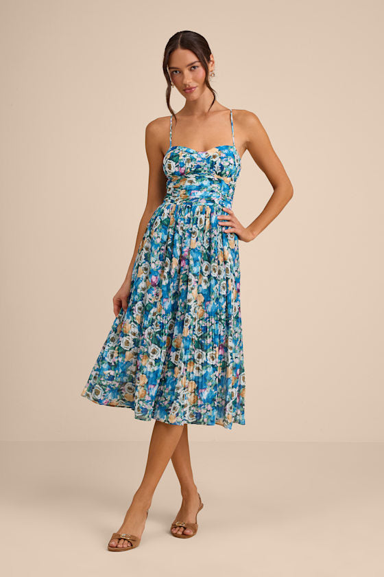 Aleyna Blue Multi Abstract Pleated Lace-Up Bustier Midi Dress