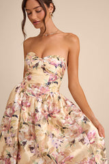 Kathani Light Yellow Floral Jacquard Bustier Maxi Dress