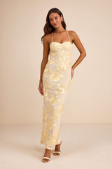 Nantessa Light Yellow Floral Applique Lace-Up Maxi Dress