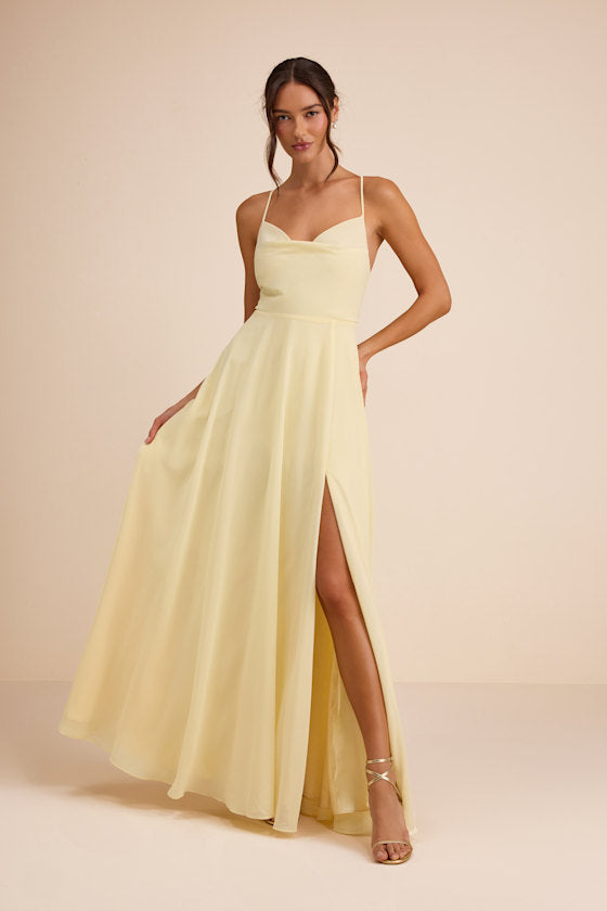Romantically Speaking Light Yellow Cowl Lace-Up Maxi Dress