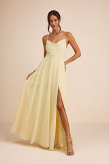 Romantically Speaking Light Yellow Cowl Lace-Up Maxi Dress