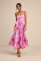 Madoria Pink Multi Floral Strapless Midi Dress