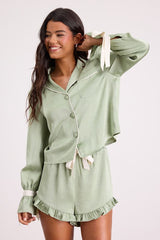 Kelda Sage Green Satin Ruffled Two-Piece Pajama Set