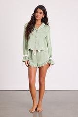 Kelda Sage Green Satin Ruffled Two-Piece Pajama Set