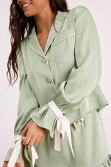 Kelda Sage Green Satin Ruffled Two-Piece Pajama Set