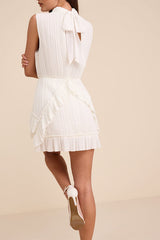 Alvana White Plisse Mock Neck Ruffled Mini Dress