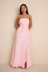 Brylee Light Pink Pleated Ruffled Maxi Dress