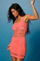 Tidal Wave Coral Crochet Knit Mini Swim Cover-Up