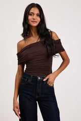 Jarena Dark Brown Ruched Off-the-Shoulder Top