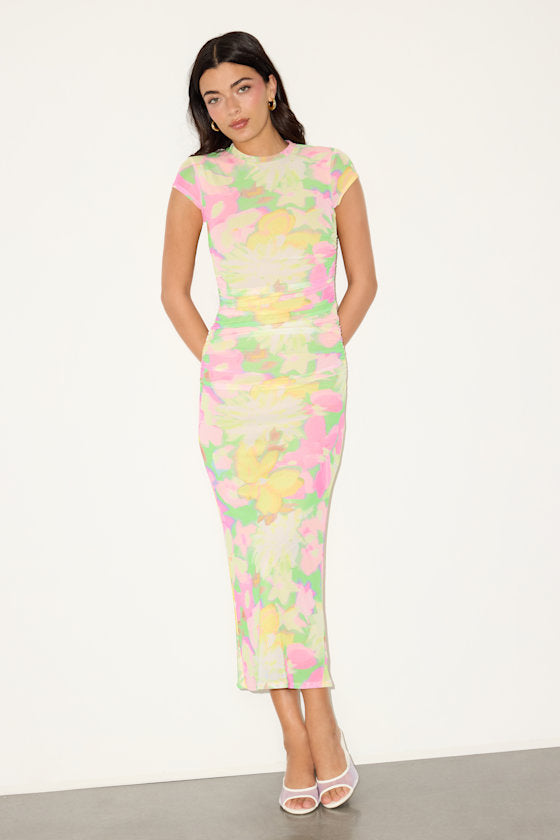 Cici Green Multi Floral Mesh Bodycon Midi Dress