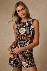 Ciao Bella Black Multi Convo Print Boat Neck Top