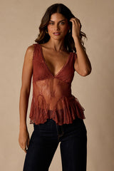 Marsha Rust Sheer Lace V-Neck Tank Top