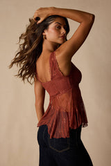 Marsha Rust Sheer Lace V-Neck Tank Top