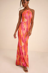 Adriel Orange Multi Abstract Mesh Halter Mermaid Maxi Dress