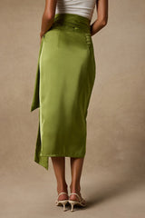 Take A Walk With Me Green Satin Wrap Midi Skirt