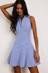 Zenley Blue Gingham Collared Skater Mini Dress
