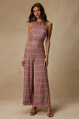 Shar Pink Multi Crochet Knit Backless Jumpsuit