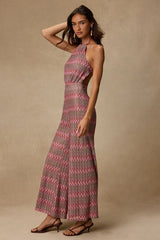 Shar Pink Multi Crochet Knit Backless Jumpsuit