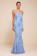 Celyna Light Blue Mesh Floral Applique Maxi Dress