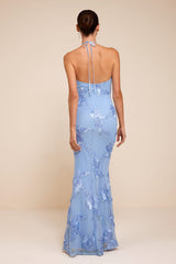 Celyna Light Blue Mesh Floral Applique Maxi Dress