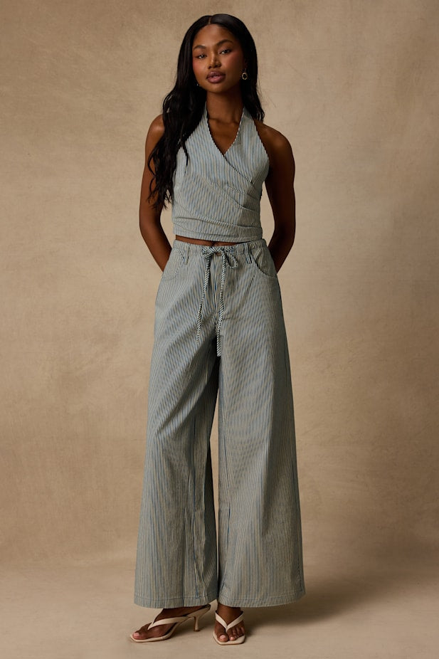 Ruby Blue Striped Cotton Wide-Leg Pants