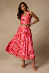 Nashira Pink Multi Floral High-Rise Midi Skirt
