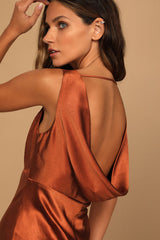 Incredible Love Brown Satin Cowl Back Midi Slip Dress