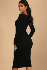 Fall Feelings Black Ribbed Bodycon Midi Dress