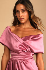 Always Celebrating Mauve Pink Satin Off-the-Shoulder Mini Dress