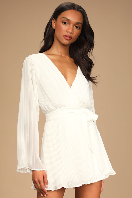 Embrace Your Beauty Ivory Pleated Long Sleeve Skort Romper