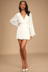 Embrace Your Beauty Ivory Pleated Long Sleeve Skort Romper