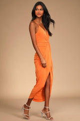 Dreamy Date Orange Surplice Midi Dress