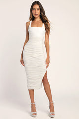 V.I.P. Treatment White Mesh Ruched Bodycon Midi Dress