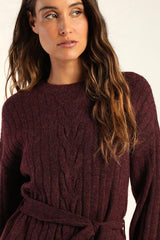 Wishing on Winter Burgundy Cable Knit Mini Sweater Dress