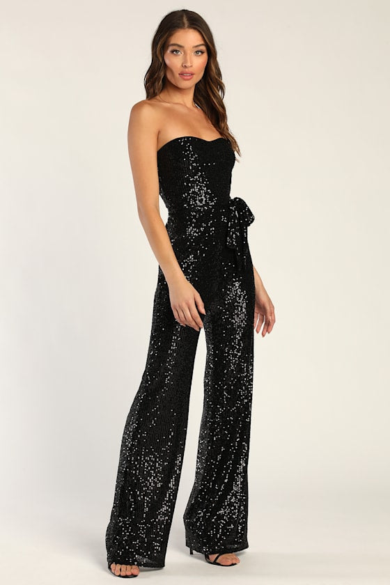 Flirty Moves Black Sequin Strapless Wide-Leg Jumpsuit