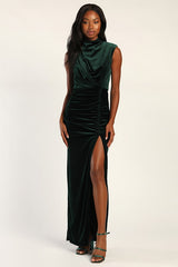 Alluring Image Emerald Ruched Velvet Mock Neck Maxi Dress