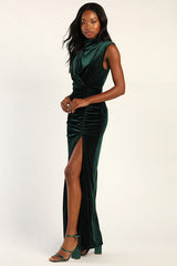 Alluring Image Emerald Ruched Velvet Mock Neck Maxi Dress