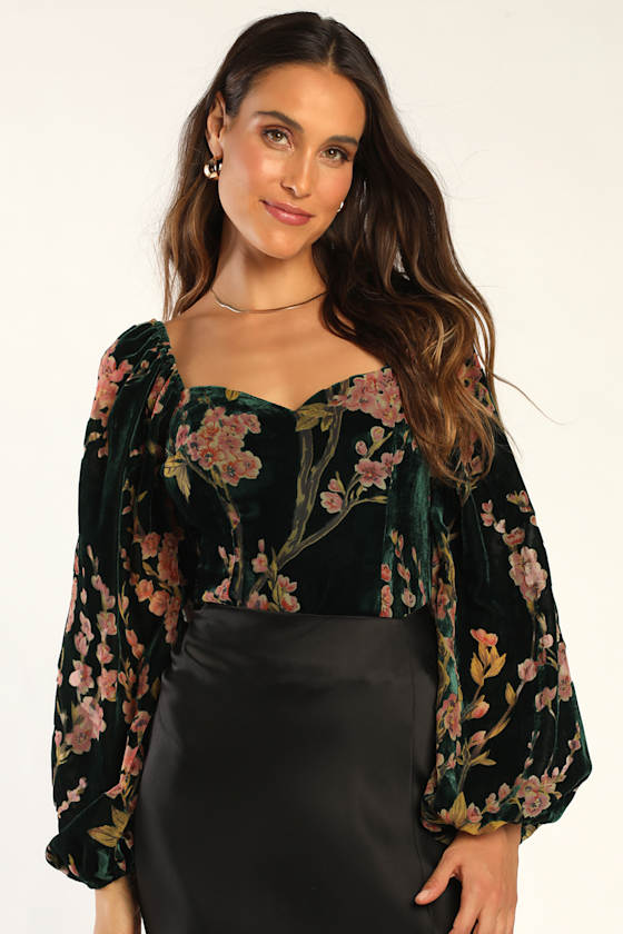 Luxe Romance Emerald Velvet Floral Burnout Long Sleeve Bodysuit