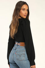 Trendy Classic Black Ribbed Knit Balloon Sleeve Top